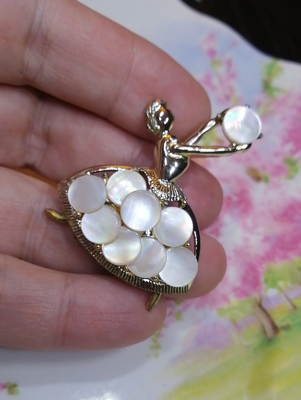 Gorgeous Ballerina Brooch Gold-Tone Mother-of-Pearl Discs